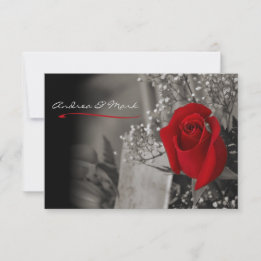 Convite Casamento Preto e Branco de Rosa Vermelha Elegante
