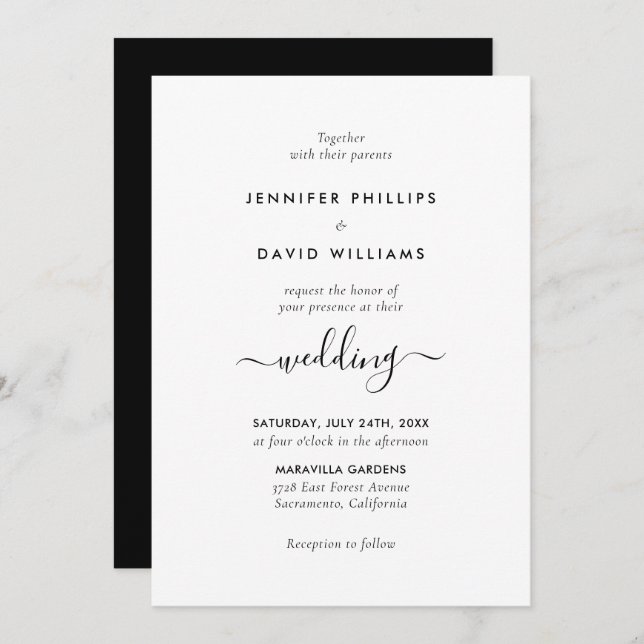 Convite Casamento Preto e Branco de Script Moderno (Frente/Verso)