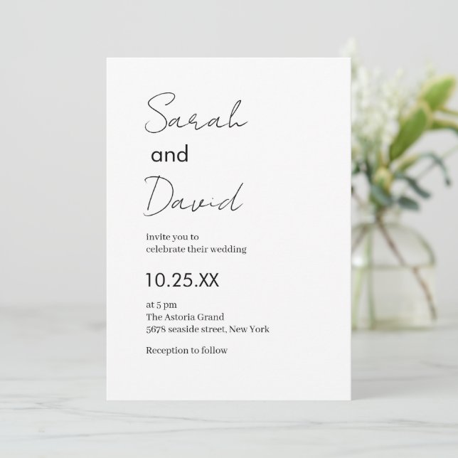 Convite Casamento preto e branco de texto clássico lindo (Em pé/Frente)