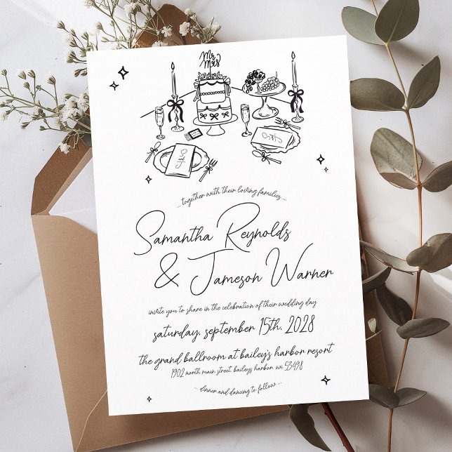 Convite Casamento preto e branco desenhado na mão (Fun retro hand drawn wedding table with cake candles and bows illustration handwritten wedding set)