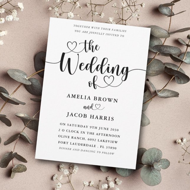 Convite Casamento Preto e Branco do Coração Mínimo Moderno (Criador carregado)