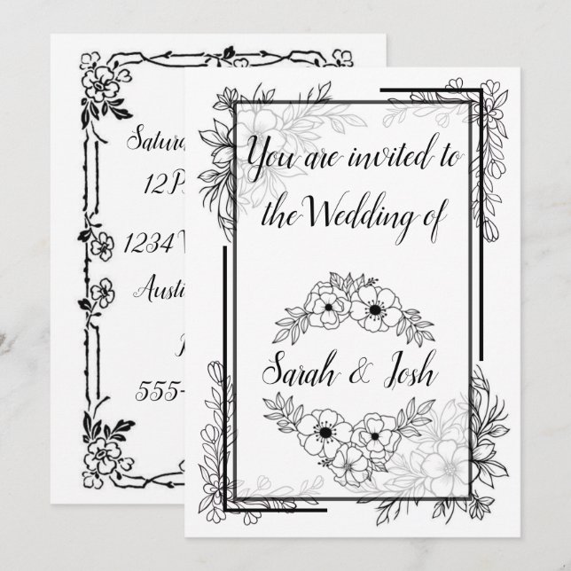 Convite Casamento Preto e Branco Elegante (Frente/Verso)