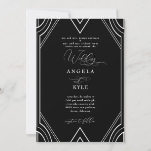 Convite Casamento Preto e Branco Elegante Art Deco
