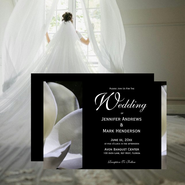 Convite Casamento Preto e Branco Elegante da Magnolia Bran (White Magnolia Elegant Black and White Wedding Invitation)