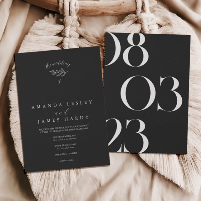 Convite Casamento preto e branco Elegante Mínimo Folha (Criador carregado)