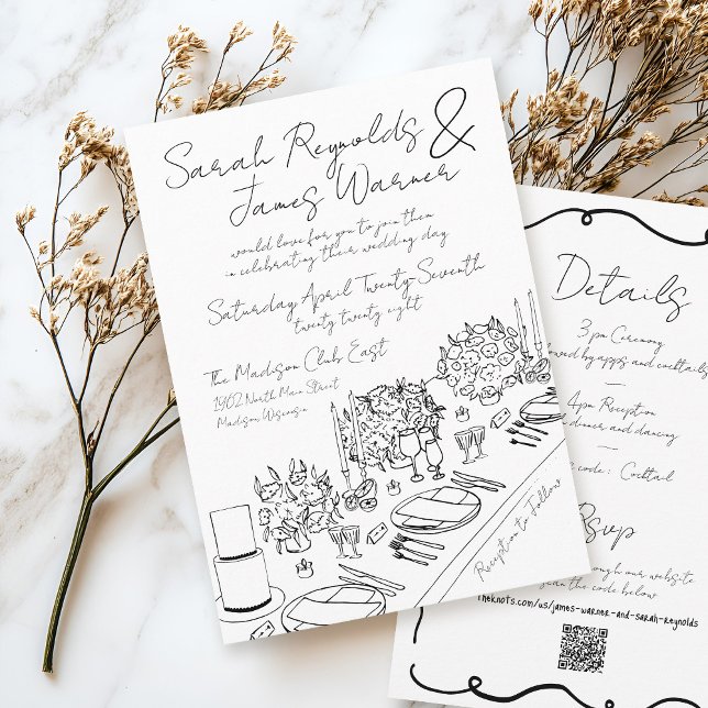 Convite Casamento Preto e Branco em Forma de Simples (Elegant romantic hand drawn handwritten quirky scribble black and white floral table wedding cards)