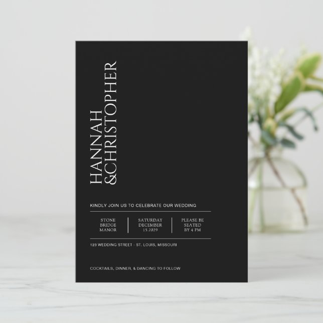 Convite Casamento Preto e Branco Encantador (Em pé/Frente)