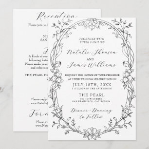 Convite Casamento Preto E Branco Floral Clássico Tudo Em U