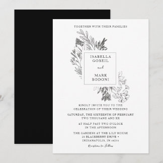 Convite Casamento Preto e Branco Floral Mínimo