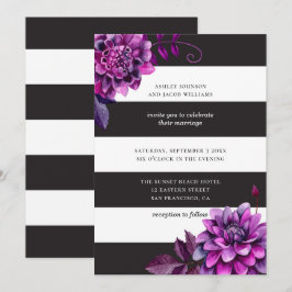 Convite Casamento preto e branco. Floral roxo de aquarela