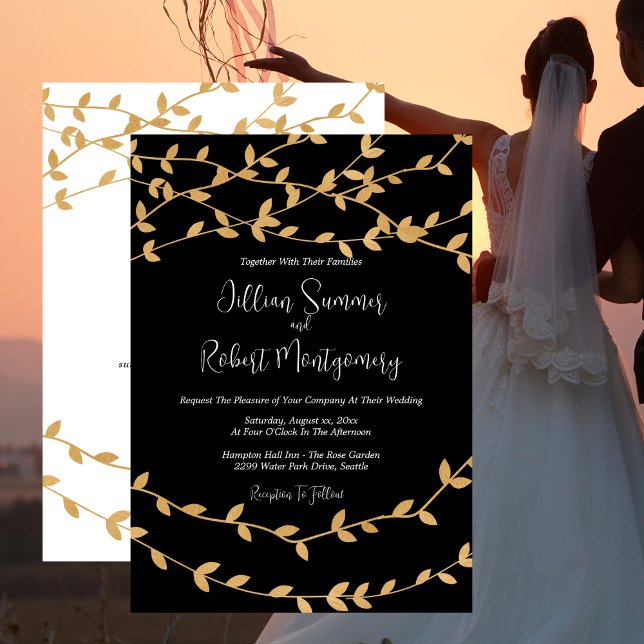Convite Casamento Preto e Branco Folhas de Ouro Elegantes (Elegant Gold Leaves Black and White Wedding Invitation with RSVP)
