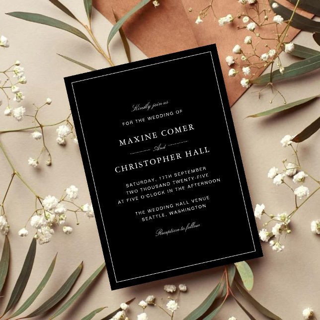 Convite Casamento Preto e Branco Formal Simples e Elegante (Simple black and white wedding invitation creates a timeless, elegant first impression.)