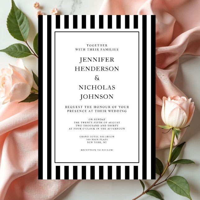 Convite Casamento Preto E Branco Listras Formais Elegantes (Elegant Formal Stripes Black And White Wedding Invitation)
