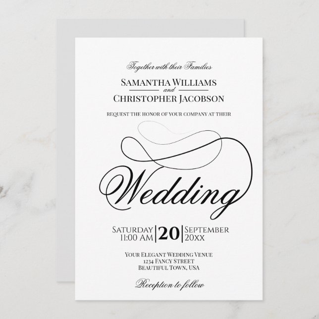 Convite Casamento preto e branco minimalista de elegância  (Frente/Verso)