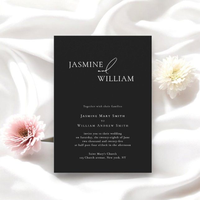 Convite Casamento preto e branco mínimo moderno (wedding invitation designed by willows weddings , this invite comes in many text formations in store)