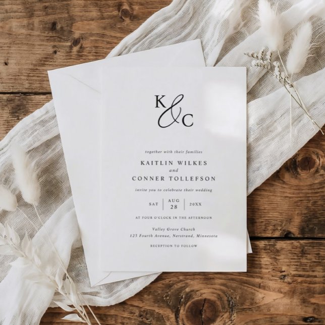 Convite Casamento Preto e Branco Moderno e Simples (Modern wedding logo monogram wedding invitations in black and white.)