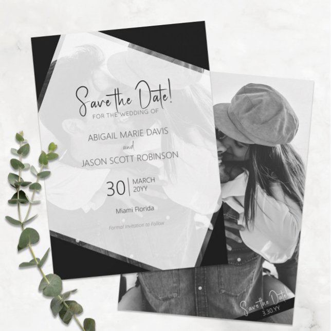 Convite Casamento preto e branco moderno Salve a data (Modern Minimalist Black and White Wedding Save the Date with Your Engagement Photo )