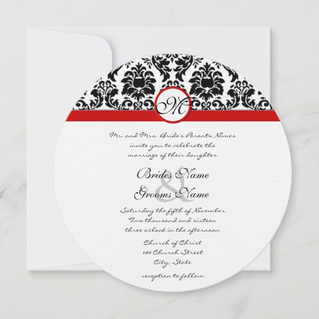 Convite Casamento Preto e Branco Vitoriano Damasko com Cor (Frente)