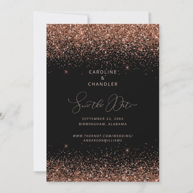 Convite Casamento Preto e Bronze Glitter Save the Date Gla (Frente)