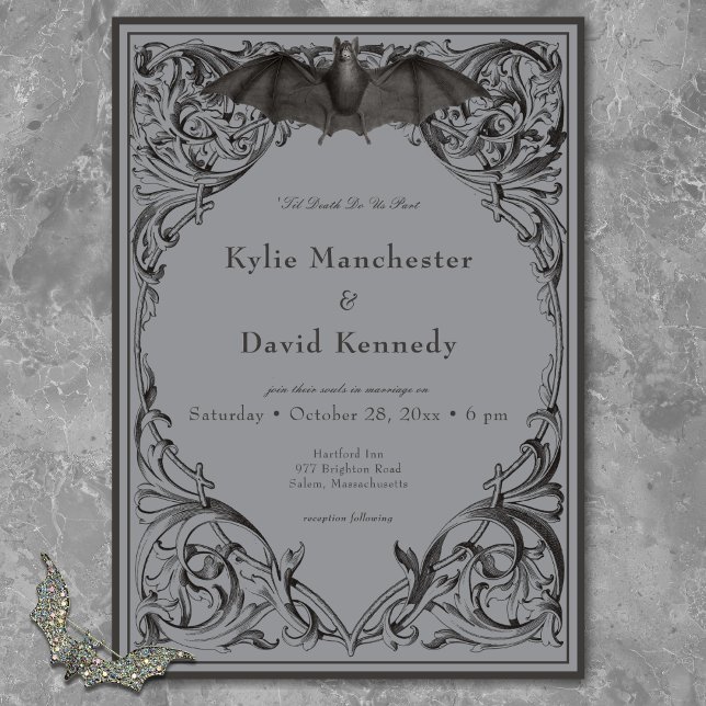 Convite Casamento Preto e Cinza Morcego Vitoriano Até a Mo (Victorian Bat Until Death Black & White Wedding Invitation)