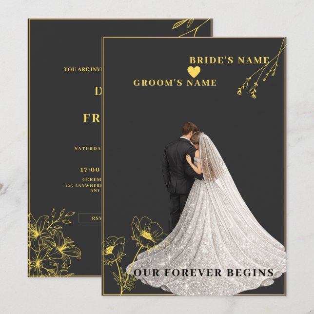 Convite casamento preto e dourado (Frente/Verso)
