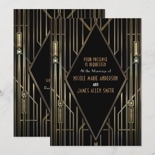 Convite Casamento Preto e Dourado Art Déco Gatsby Glam dos