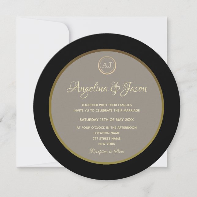 Convite Casamento Preto e Dourado com Monograma Elegante (Frente)