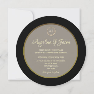 Convite Casamento Preto e Dourado com Monograma Elegante
