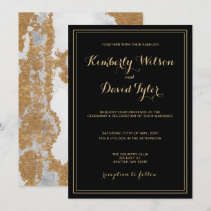 Convite Casamento preto e Dourado de mármore