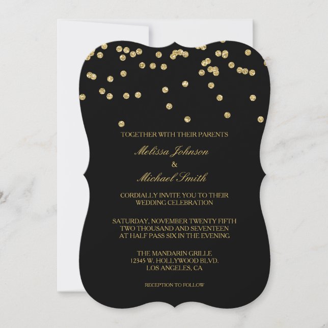 Convite Casamento preto e Dourado elegante dos confetes (Frente)