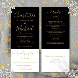 Convite Casamento Preto e Dourado Elegante Tudo em Um