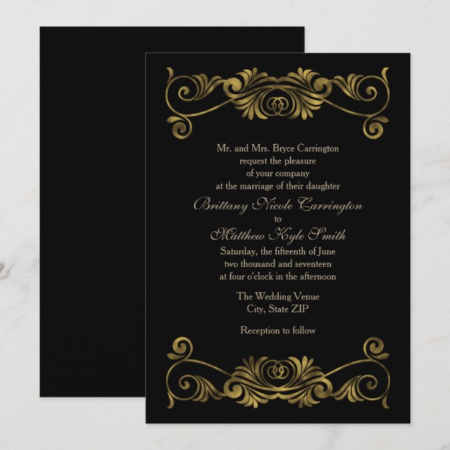 Convite Casamento Preto e Dourado Formal Elegante (Frente/Verso)