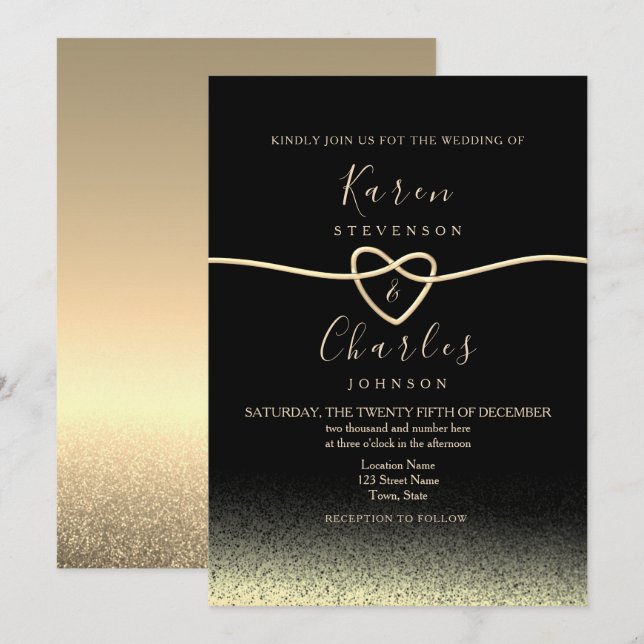 Convite Casamento Preto e Dourado Moderno (Frente/Verso)
