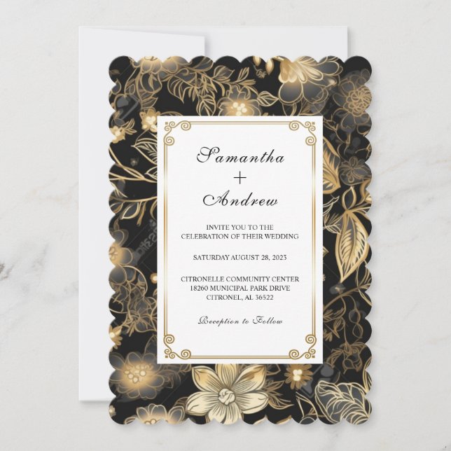 Convite Casamento Preto e Dourado Personalizável (Frente)