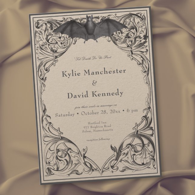 Convite Casamento Preto e Marrom Até a Morte Vitoriano (Victorian Bat Until Death Black & Tan Wedding Invitation)