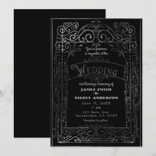Convite Casamento Preto e Prata Vintage Deco Vitoriano