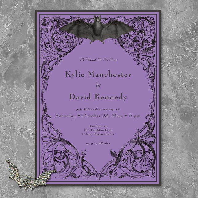 Convite Casamento Preto e Roxo Morcego Vitoriano Até a Mor (Victorian Bat Until Death Black & Purple Wedding Invitation)