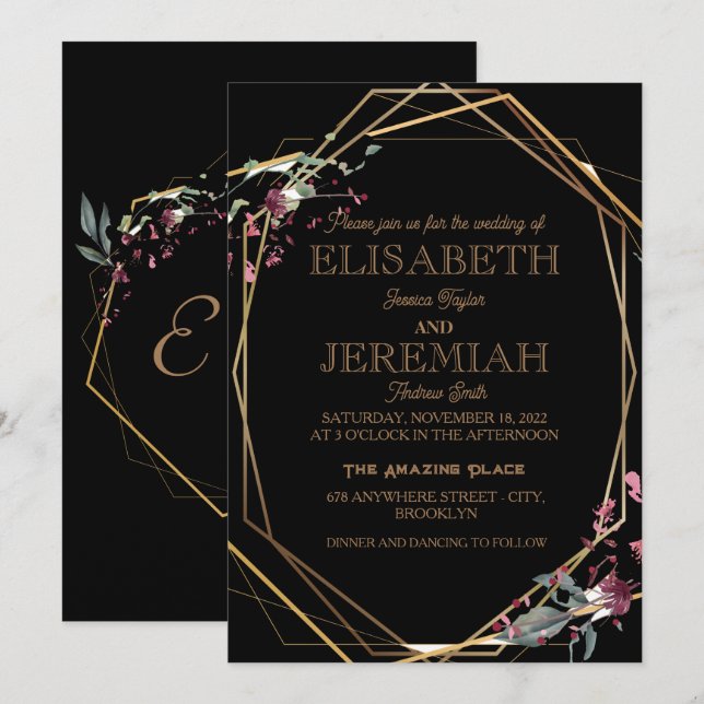 Convite casamento preto elegante clássico e luxuoso (Frente/Verso)