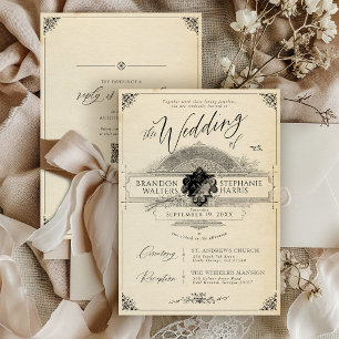 Convite Casamento Preto Elegante Vintage Vitoriano de Famí