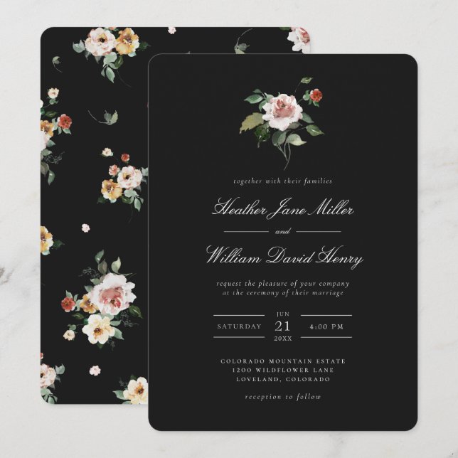 Convite Casamento Preto Floral (Frente/Verso)