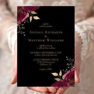 Convite Casamento Preto Floral Borgonha Romântico Dourado