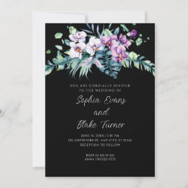 Convite Casamento Preto Floral Branco e Roxo Elegante