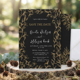 Convite Casamento Preto Floral com Revestimento Dourado
