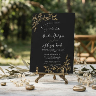 Convite Casamento Preto Floral com Revestimento Dourado