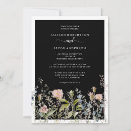 Convite Casamento Preto Floral de Flor Floral Moderno de W