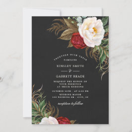 Convite Casamento Preto Floral de Peões Vermelhos
