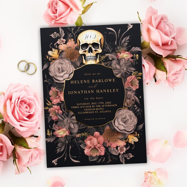 Convite Casamento Preto Floral do Crânio Gótico (Gothic Skull Floral Black Wedding Invitation)