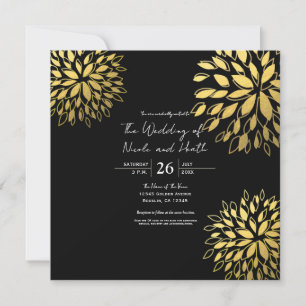 Convite Casamento Preto Floral Dourado Moderno Elegante