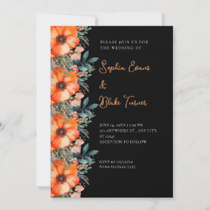 Convite Casamento Preto Floral e Verdejante Laranja Elegan
