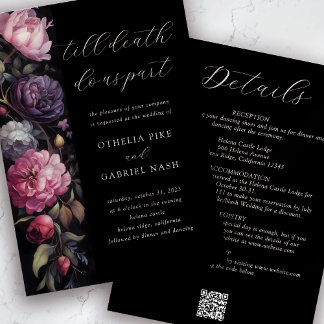 Convite Casamento Preto Floral Gótico Tudo em Um Código QR